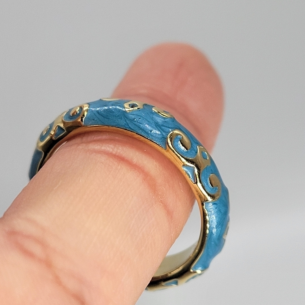 Lauren G Adams Moroccan Ring Hand Painted Light Blue Enamel Swirl Design Size 7 - Picture 6 of 10